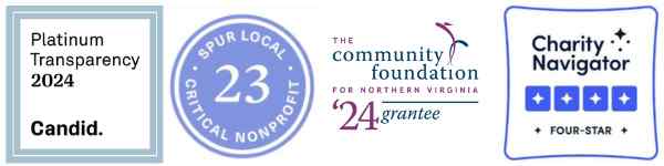 Charity Seals from Charity Navigator, Spur Local, Candid and the Community Foundation of Northern Virginia