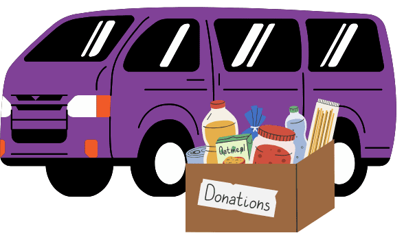 Purple van with donation box in front of it